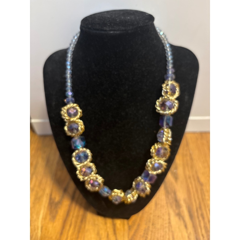Sparkling Blue Crystal Gold Tone‎ Statement Necklace